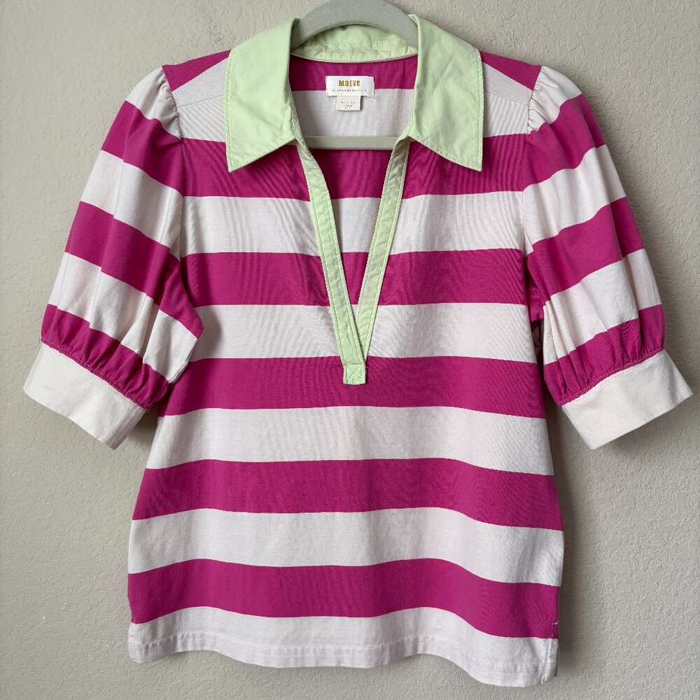 Anthropologie Pink and White Striped Top with Green Collar